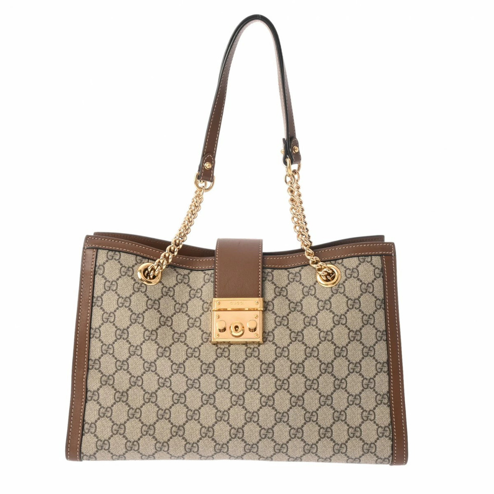 GUCCI Padlock GG Chain Shoulder Bag Beige Brown Leather Tote